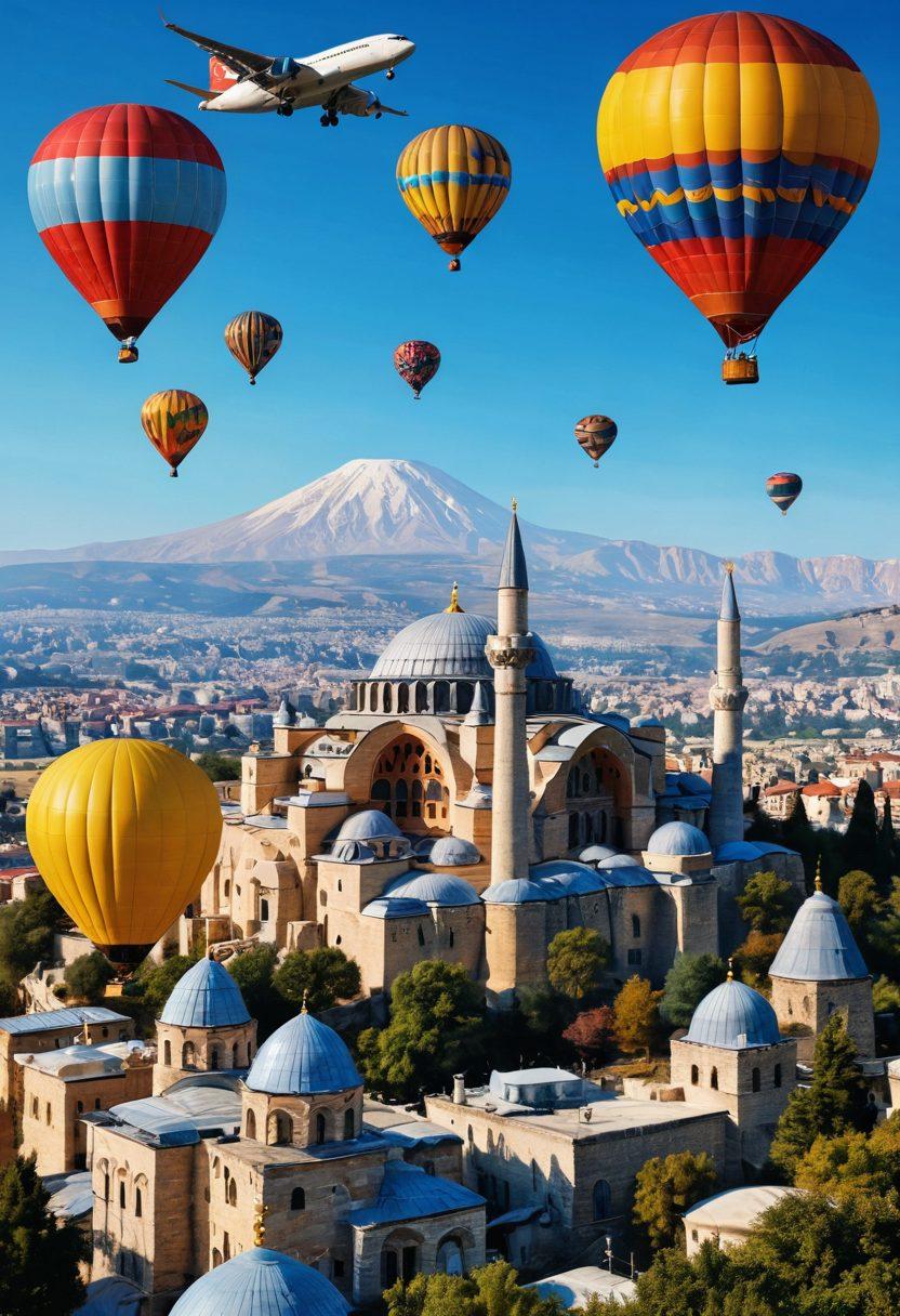 A vibrant collage showcasing a scenic view of Turkey's iconic landmarks like the Hagia Sophia and Cappadocia's hot air balloons, combined with an airplane flying across a bright blue sky. Include text highlighting ‘Affordable Flights’ and ‘Amazing Destinations’ in an engaging font. Add elements of traditional Turkish culture, such as lanterns or spices, in the foreground. bright colors. travel-themed illustration. super-realistic.