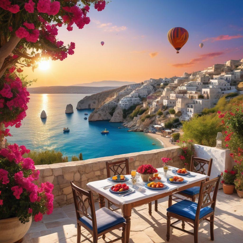 A stunning, panoramic view of a sunlit Turkish coastline with crystal clear waters, traditional whitewashed houses, and vibrant bougainvillea. In the foreground, a beautifully set outdoor Turkish dining table with intricate ceramics, fresh fruits, and aromatic dishes. The backdrop showcases ancient ruins and a hint of the bustling bazaars, with a vibrant sunset painting the sky. An adventure enthusiast in the distance is enjoying a hot air balloon ride over Cappadocia. super-realistic. vibrant colors. 3D.